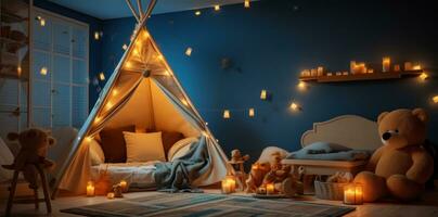 ai generiert ein süß jung Jungs Zimmer mit ein Tipi, Liegen und Bären, foto