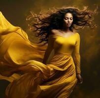 ai generiert ein weiblich Modell- im ein Gelb lange Kleid Tanzen mit ihr Haar im das Wind, foto