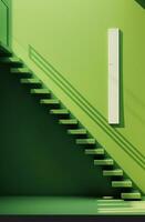 ai generiert ein gerahmt Kunst mit Grün Wände und hölzern Stufen, foto