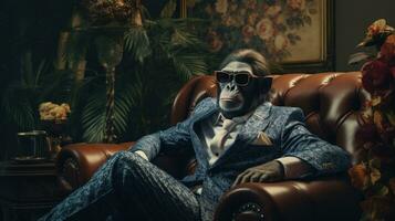 ai generiert ein Schimpanse im ein Anzug, Sitzung auf ein Couch mit Sonnenbrille, foto
