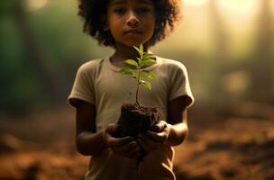 ai generiert ein Kind ist halten ein klein Grün Pflanze wachsend im Schmutz umgeben durch Grün Wald, foto