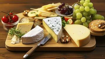ai generiert ein Medley von exquisit Käse und frisch Trauben vereinbart worden auf ein hölzern Tafel foto