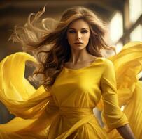 ai generiert ein schön Frau im Gelb Kleid mit das Wind auf ihr Haar, foto