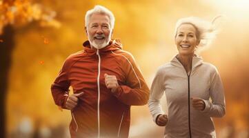 ai generiert ein im Ruhestand Paar Joggen zusammen im ein Park, foto