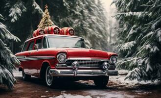 ai generiert ein rot Auto mit Weihnachten Baum Sitzung auf Spitze, Fahren durch das Wald, foto