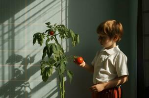 ai generiert ein klein Junge halten ein Tomate während bekommen es aus von ein Anlage, foto