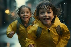 ai generiert zwei jung Mädchen spielen im Regen, foto