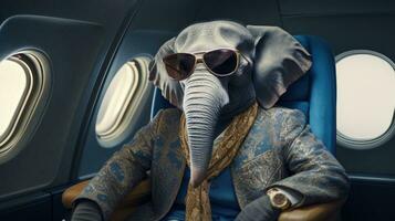 ai generiert ein Elefant hat Sonnenbrille und ein passen auf wie er sitzt im ein Stuhl, foto