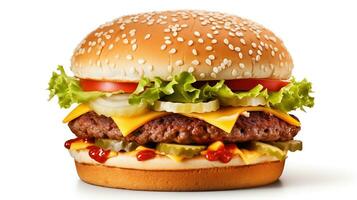 ai generiert groß Single Cheeseburger isoliert auf Weiß Hintergrund foto