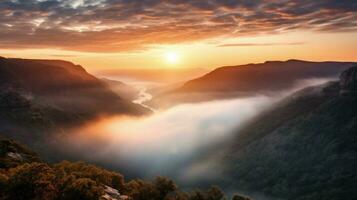 ai generiert Sonnenaufgang im das neblig Morgen hd Hintergrund Hintergrund foto