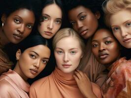 ai generiert Vielfalt ethnische Zugehörigkeit Frau im Poster Stil Schuss foto