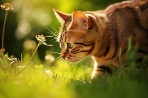 ai generiert Katze im Natur auf Sommer- Wald Hintergrund. Nahansicht Tier Porträt. ai generiert foto