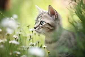 ai generiert Katze im Natur auf Sommer- Wald Hintergrund. Nahansicht Tier Porträt. ai generiert foto