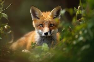 ai generiert Fuchs Jungtier im Natur auf Sommer- Wald Hintergrund. Nahansicht Tier Porträt. ai generiert foto