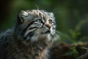 ai generiert manul Jungtier im Natur auf Sommer- Wald Hintergrund. Nahansicht Tier Porträt. ai generiert foto