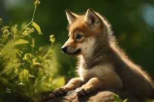 ai generiert Wolf Jungtier im Natur auf Sommer- Wald Hintergrund. Nahansicht Tier Porträt. ai generiert foto