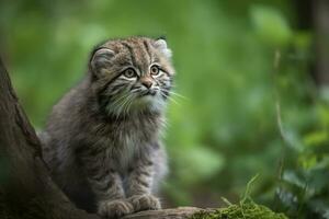 ai generiert manul Jungtier im Natur auf Sommer- Wald Hintergrund. Nahansicht Tier Porträt. ai generiert foto