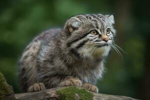 ai generiert manul Jungtier im Natur auf Sommer- Wald Hintergrund. Nahansicht Tier Porträt. ai generiert foto