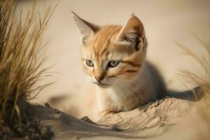 ai generiert Kitty im Natur auf Sommer- Düne Hintergrund. Nahansicht Tier Porträt. ai generiert foto