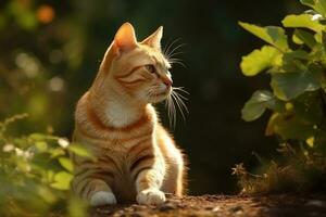 ai generiert Katze im Natur auf Sommer- Wald Hintergrund. Nahansicht Tier Porträt. ai generiert foto