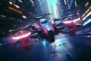 ai generiert ein Rennen Drohne navigiert durch neonbeleuchtet foto