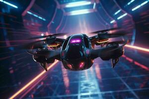 ai generiert ein Rennen Drohne navigiert durch neonbeleuchtet foto