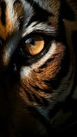 ai generiert Nahansicht Tiger Auge, Porträt von Tier auf dunkel Hintergrund. ai generiert foto