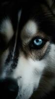 ai generiert Nahansicht heiser Hund Auge, Porträt von Tier auf dunkel Hintergrund. ai generiert foto