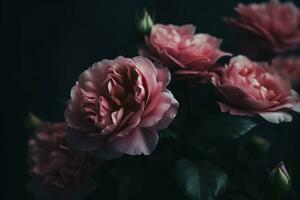 ai generiert Pastell- Rosa Rosen Nahansicht dunkel romantisch Hintergrund. ai generiert foto