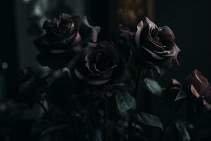 ai generiert schwarz Rosen dunkel launisch romantisch Hintergrund. Nahansicht Blumen Karte Hintergrund. ai generiert foto