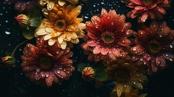 ai generiert Blumen mit Tropfen von Wasser Nahansicht dunkel romantisch Hintergrund. Wildblumen Hintergrund. ai generiert foto