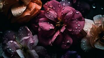 ai generiert schön Blumen mit Tropfen von Wasser launisch romantisch Hintergrund, Blumen- Banner. ai generiert foto