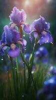 ai generiert Blühen Iris Blumen mit Tropfen von Wasser Nahansicht Hintergrund. Sommer- Hintergrund. ai generiert foto