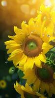ai generiert Blühen Sonnenblumen mit Tropfen von Wasser Nahansicht Hintergrund. Blumen- Hintergrund. ai generiert foto