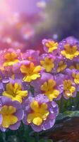 ai generiert Blühen Primel Blumen mit Tropfen von Wasser Nahansicht Hintergrund. Blumen- Hintergrund. ai generiert foto