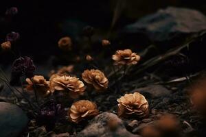 ai generiert getrocknet Blumen im das Wald Nahansicht. Herbst Hintergrund foto