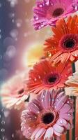 ai generiert Nahansicht Gerbera Blumen mit Tropfen von Wasser Hintergrund. Blumen- Hintergrund. ai generiert foto