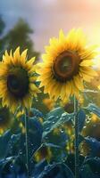 ai generiert Nahansicht Sonnenblumen mit Wasser Tröpfchen Hintergrund. Sommer- Hintergrund. ai generiert foto
