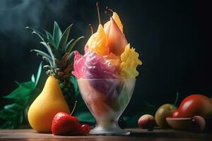 ai generiert Eis Sahne dekoriert mit Früchte auf das Sommer- Hintergrund foto