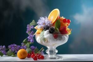 ai generiert Eis Sahne dekoriert mit Früchte und Blumen auf das Sommer- Hintergrund foto