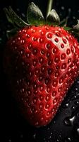 ai generiert Nahansicht von Erdbeere mit Wasser Tropfen auf dunkel Hintergrund. Obst Hintergrund foto
