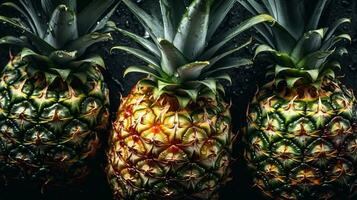 ai generiert Nahansicht von Ananas mit Wasser Tropfen auf dunkel Hintergrund. Obst Hintergrund foto