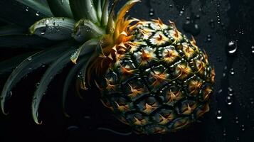 ai generiert Nahansicht von Ananas mit Wasser Tropfen auf dunkel Hintergrund. Obst Hintergrund foto