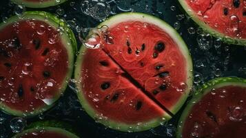 ai generiert Nahansicht von Wassermelone mit Wasser Tropfen auf dunkel Hintergrund. Obst Hintergrund foto