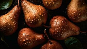 ai generiert Nahansicht von Birnen mit Wasser Tropfen auf dunkel Hintergrund. Obst Hintergrund foto