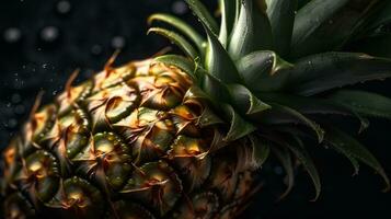 ai generiert Nahansicht von Ananas mit Wasser Tropfen auf dunkel Hintergrund. Obst Hintergrund foto