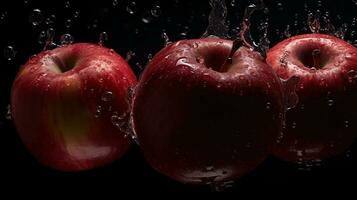 ai generiert Nahansicht von rot Äpfel mit Wasser Tropfen auf dunkel Hintergrund. Obst Hintergrund foto