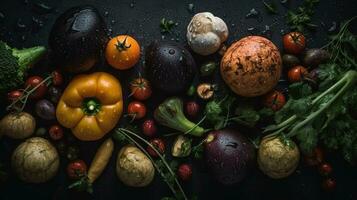 ai generiert Nahansicht von frisch Gemüse mit Wasser Tropfen auf dunkel Hintergrund. gesund Essen Konzept foto