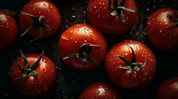 ai generiert Nahansicht von Tomaten mit Wasser Tropfen auf dunkel Hintergrund. Gemüse Hintergrund foto