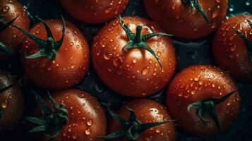 ai generiert Nahansicht von Tomaten mit Wasser Tropfen auf dunkel Hintergrund. Gemüse Hintergrund foto